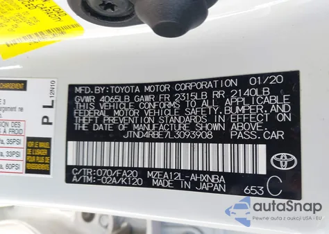 2020 Toyota Corolla Se from USA, damaged, VIN JTND4RBE7L3093908